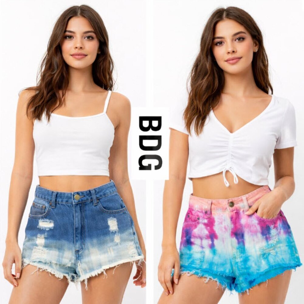 Bundle of 2 BDG Jean Shorts Distressed Tie-Dye Blue and Pink High Rise Cheeky 27